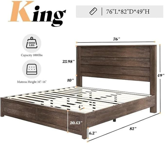 AMERLIFE 2-Piece Farmhouse Bedroom Set, King Size Bed Frame and 6 Drawer Dresser, Platform Bed with 49" Fluted Headboard, 54" Wide Wood Chest of Drawer for Bedroom, Grey