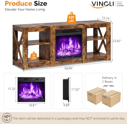 VINGLI Fireplace TV Stand for up to 70 inch TVs, Farmhouse Entertainment Center with Electric Fireplace Heater & Adjustable Shelves, Fireplace Media Console Table for Living Room, Rustic Brown