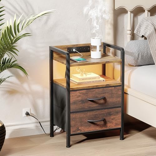 Lazzanto Nightstand with Rear Charging Station, LED Light, 2 Drawers, Brown