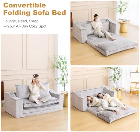 61" Boneless Loveseat Sleeper, Folding Sofa Bed, Faux Fur Cover, Dove Grey