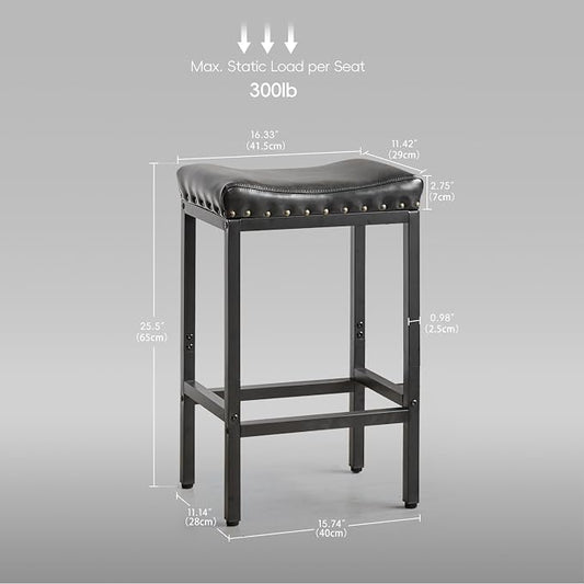 Forteek Counter Height Bar Stools, 25.5 Inch, Industrial Vintage Bar Stool with Nailhead, Faux Leather Barstool with Footrest, Saddle Stool for Kitchen Island, Dining Room, Easy Assembly