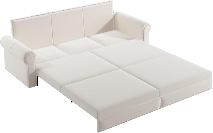 93.7" King Pull Out Sofa Bed, Velvet Sleeper Sofa Couch, 3 in 1 Convertible Futon Couches for Living Room, Small Space, Apartment, Office, Bedroom, Modern Rivet Armrest, Beige