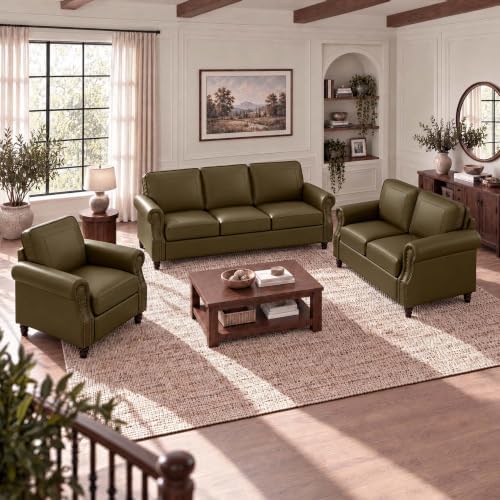 Faux Leather 2&3 Seater Couch with Rolled Arms,OliveGreen