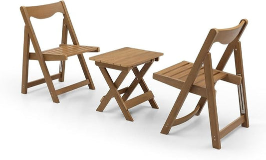 Outdoor Bistro Set Foldable Small Table and Chair Set,with 2 Chairs and Rectangular Table (Teak + HDPE)