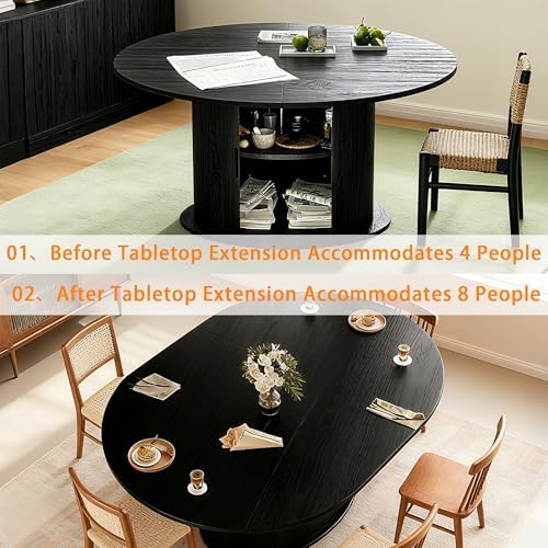 Extendable Round/Oval Dining Table Seats 2-4-6, 63" Modern Farmhouse Design with 2-Tier Storage & Fluted Slide Door, Dining Room Kitchen Furniture (Black, 63 inches)