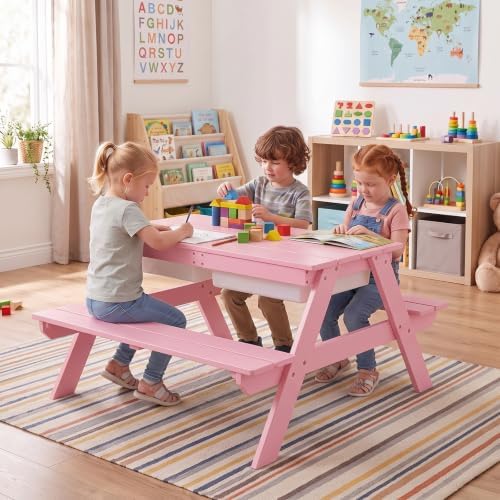 HONEY JOY Kids Picnic Table, 4 in 1 Cedar Wooden Sand & Water Table w/ 3 Removable Box & Umbrella, Kids Picnic Tables for Outdoors Backyard Garden, Toddler Patio Furniture Set for Boys Girls(Pink)