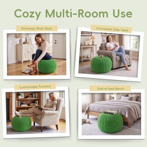 Hobestluk Stuffed Pouf Ottoman Footrest,Round Footstool,Small,Grass green