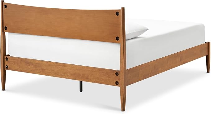 mopio Retrovie Mid-Century Modern Queen Bed Frame – Solid Wood Legs, LVL Slat System, No Box Spring Needed, Supports 661 lbs, Easy Assembly (Walnut, No Drawers)