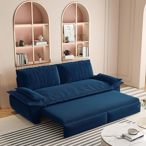 73.2" Sofa Bed Queen, 3-in-1 Pull Out Sofa Bed with Pillow Armrest, Modern Velvet Convertible Sleeper Futon Sofa for Living Room Small Space, Apartment, Bedroom, Blue