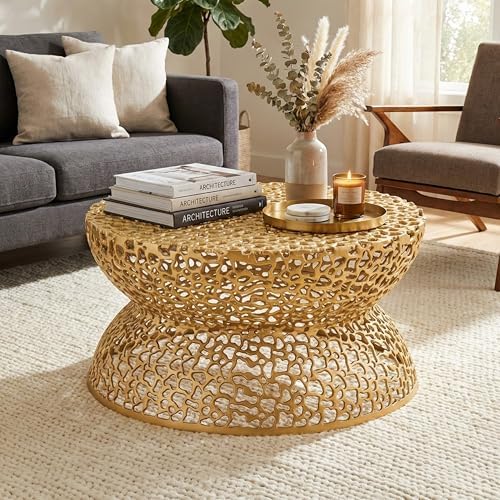 35" Gold Aluminum Round Coffee Table with Geometric Cutout Base