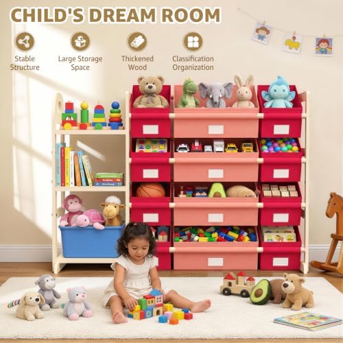 Storage Organizer with 12 Bins and Bookshelf, 47.4-Inch Wide Bookcase for Bedroom, Living Room, or Family Room