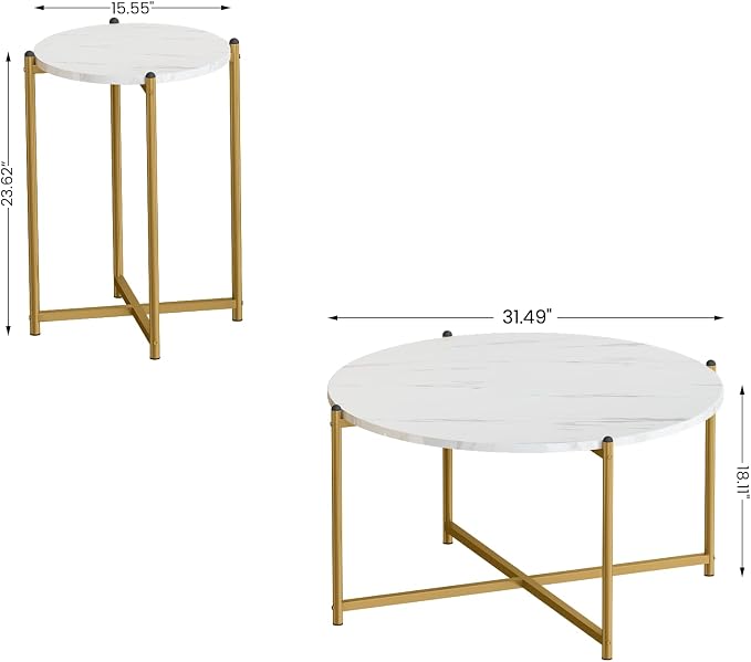 AWQM Faux Marble Coffee Table Set of 3, 1 Coffee Table & 2 Sofa Table, Round Tabletop and Metal Cross Base Frame,Perfect for Living Room Apartment, White