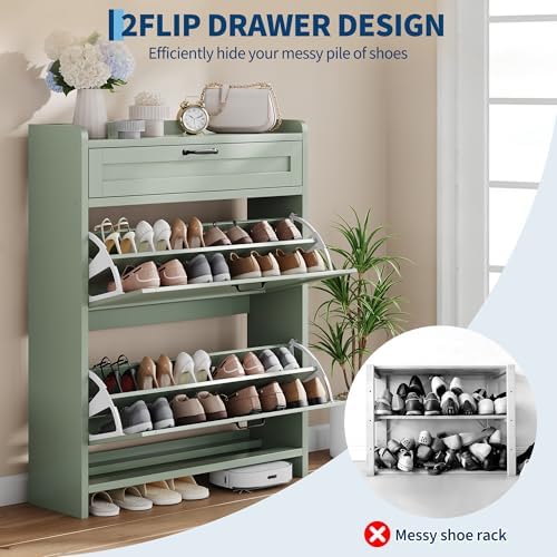 Garvee Shoe Cabinet with 2 Flip Drawers & 1 Top Drawer, Wooden