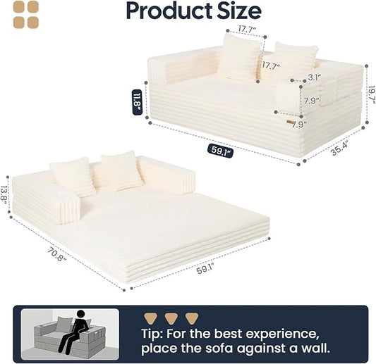 COMAX Futon Sofa Bed, Convertible Sofa Bed, Folding Boneless Couches | Boneless Couch for living room, Fold Out Small Foldable Loveseat Floor Sleeper Mattress Lounge Space‑Saving, Light Beige