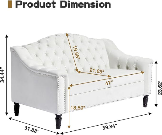 LEVNARY Chesterfield Loveseat Velvet, Upholstered Sofa with Button-Tufted Back, Mid-Century Modern Sofa with Solid Wood Legs, 2 Seater Couches for Living Room (White)