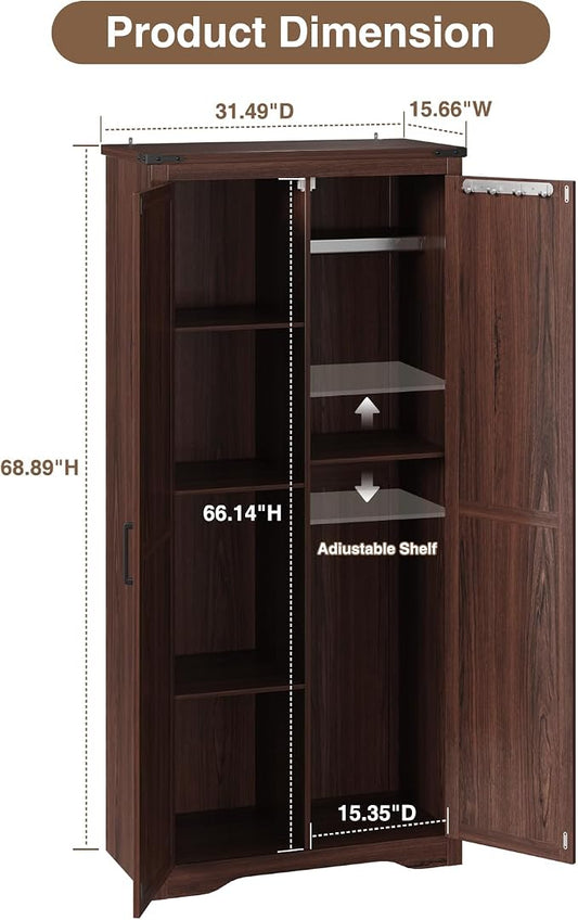 Befrases Farmhouse Storage Cabinet with Adjustable Shelves, Large Pantry Organize with 2 Barn Doors, Tall Freestanding Cabinet for Kitchen, Bathroom, Garage, Basement, Living, Utility Room, Brown