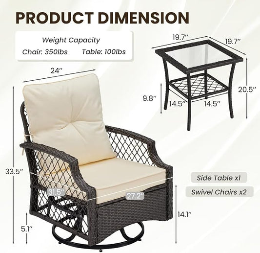 3-Piece Patio Furniture Set, Wicker Outdoor Bistro Set Swivel Glider Patio Chairs x 2 with Cushions, High Back All-Weather Rattan Outdoor Furniture for Porch, Backyard (Beige + Wicker)