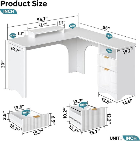 Bestier L Shaped Desk with File Drawer, 55.7" x 55" Office Computer Desk with Round Corners, Modern Desk with Monitor Stand & Fluted Panels for Home Office, White