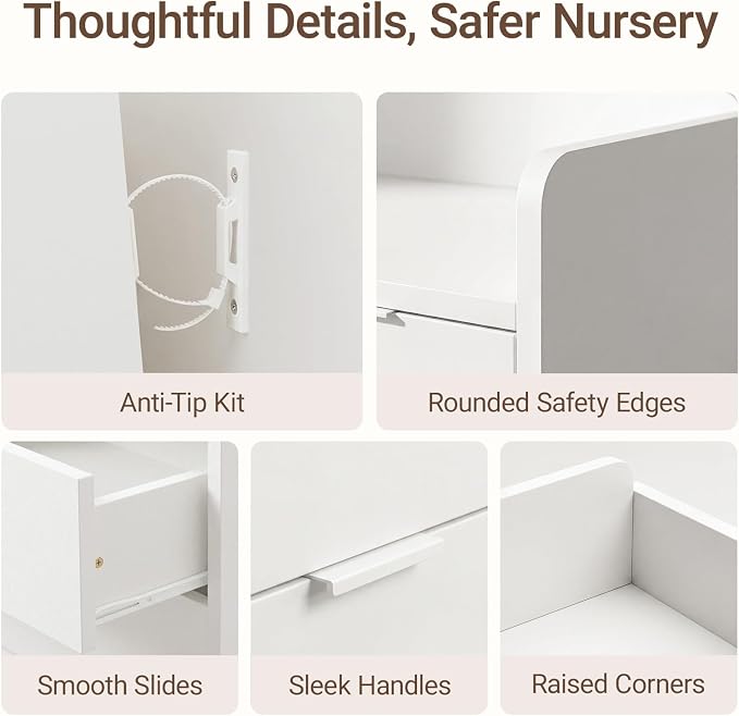MAMAZING Keeva Pro 6-Drawer Baby Dresser with Changing Table, Easy Assembly | White Wooden Nursery Dresser, Anti-Tip Design & Adjustable Feet, Dresser for Bedroom, Kids & Toddler Storage, 44" Wide
