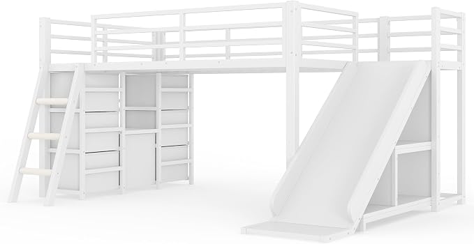Bellemave Twin Size Loft Bed with 7 Non-Woven Fabric Drawers, Shelves and Wardrobe, Twin Loft Bed with Detachable Slide and Ladders, Low Profile Loft Beds with Lights, Noise Reduced Design White