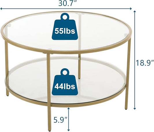 VINGLI Glass Coffee Table, 30" Round Champagne Gold Coffee Tables for Living Room,2-Tier Glass Top Coffee Table with Storage Clear Coffee Table,Simple & Modern Center Table Mesa de Centro para Sala