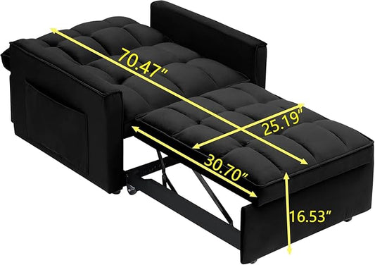 Sleeper Chair, Pull Out Chair Sleeper with Adjustable Back & Pocket, Convertible Chairs Bed Sleepers for Adults, 3 in 1 Sofa Bed Chairs for Small Spaces, Living Room, Black