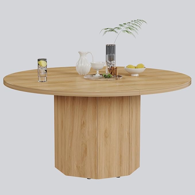 HSH 47” Round Dining Table for 4, Modern Farmhouse Wood Dinner Table with Octagon Pedestal Base, Circular Kitchen Dining Room Table for Home Apartment Living Room, Light Oak