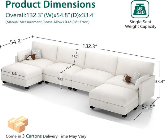 Modular Sectional U Shaped Sofa Couches for Living Room, Cloud Couch with Storage Ottoman, Comfy Chenille Sofa with Pillow, Beige