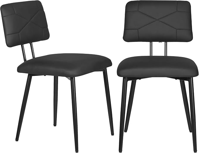 VECELO Dining Chairs Set of 2, Modern Upholstered Kitchen Chairs with Faux Leather Cushion Seat & Metal Legs for Kitchen, Living Room, Tufted Backrest Design, Black