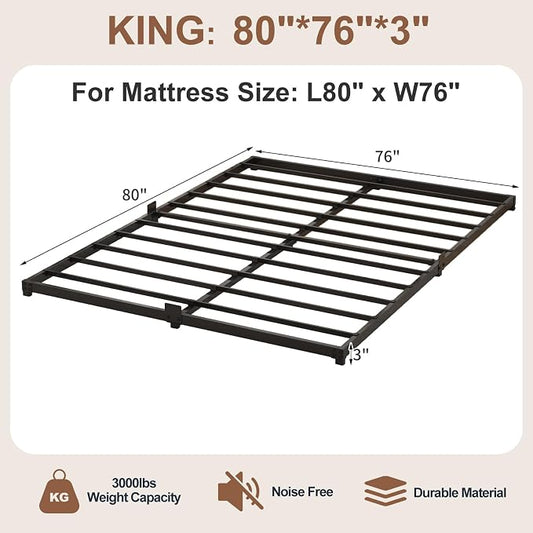 3 Inch Low Profile King Size Bed Frame, Noise-Free Heavy Duty Metal Platform with Mattress Stopper, No Box Spring Needed, Easy Assembly Steel Support, Black