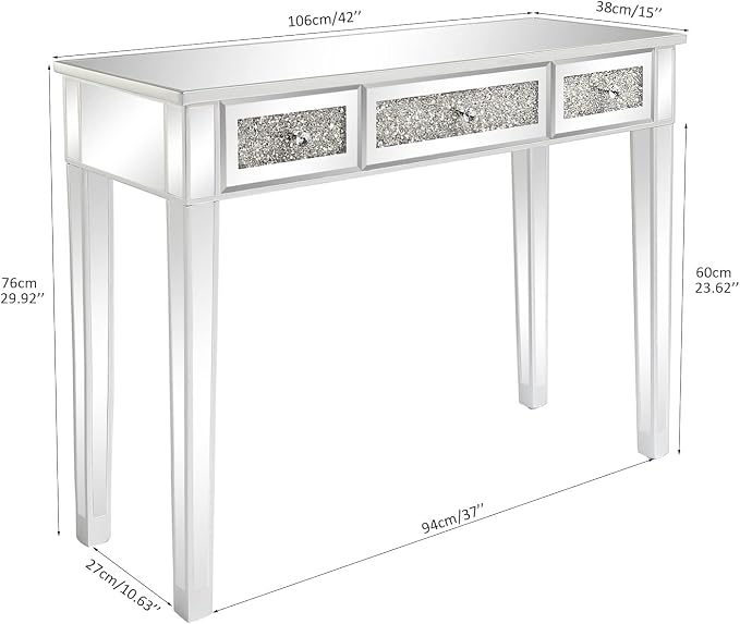 VINGLI Silver Mirrored Vanity Desk, Makeup Vanity Desk, Glass Desk with 3 Drawers, Glass Vanity for Women Girls Bedroom, Makeup Room & Office Writing Desk