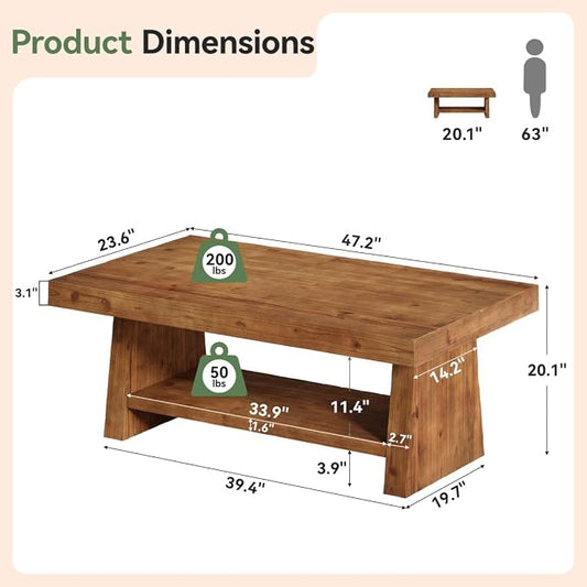 Solid Wood Coffee Table, 47-Inch Farmhouse Wooden Coffee Table for Living Room, 2-Tier Rectangular Center Table with Storage for Apartment, Home Office, Dark Brown