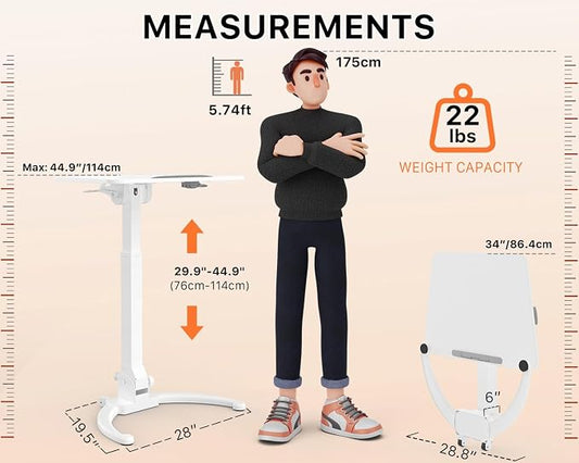 JOY worker Foldable Mobile Standing Desk, Height Adjustable Sit Stand Desk, 90° Tiltable Rolling Laptop Table, Portable Workstation with Wheels Non-Slip Mat for Home Office, Holds Up to 22lbs, White