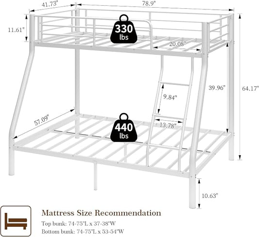 Metal Twin Over Full Bunk Bed丨 Bunk Beds Twin Over Full Size with Ladder | Heavy Duty Bunk Bed for Adults, Metal Bunk Bed for Dorm, Bedroom, Apartment, 440 lbs Capacity,No Box Spring Needed (White)