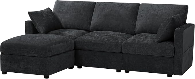 84” Chenille 3-Seats Sofa W/Movable Ottoman, Black | Modern Fabric L-Shaped Couch w/Soft Backrests, Upholstered Sectional Sofa w/Arm Pillows for Living Room