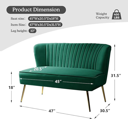 TINA'S HOME Contemporary Velvet Loveseat Sofa, Upholstered Loveseat Couch with Golden Metal Legs, Small Tufted 2-Seat Sofa Armless Love Seat for Living Room, Bedroom, Apartment Small Spaces, Green