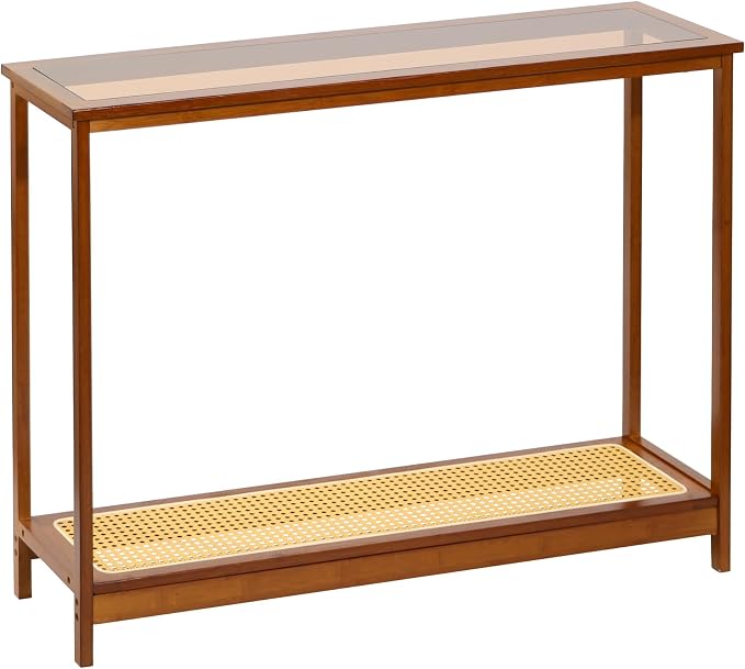 Bamboo Narrow Console Table, 39.4"(L) Wood Small Entryway Table with Rattan and Glass, Accent Slim Hallway Tables, Thin Sofa Side Tables for Hallway, Living Room, Bedroom, Foyer, Walnut