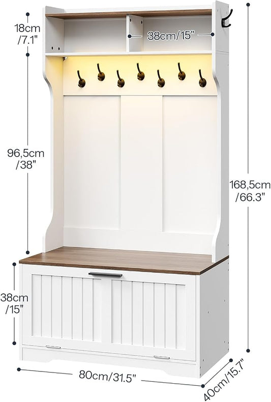 HOOBRO Hall Tree with Bench, 15.7''W Entryway Bench with Coat Rack, Shoe Cabinet with Flip Drawer, LED Hall Tree with 9 Hooks and 2 Open Compartments, Wooden, for Hallway, White and Walnut WH86DMT01