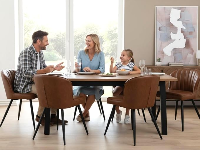 ROCITY Brown Dining Chairs Set of 2 Leather Dining Room Chairs with Back Mid Century Modern Accent Chairs Armless Upholstered Side Chairs for Kitchen/Dining Room/Living Room