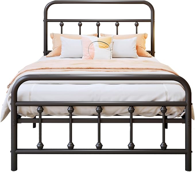 Vengarus Twin Metal Bed Frame with Victorian Headboard & Footboard, Black | 14" Twin Metal Platform Frame, Heavy Duty Steel Slat Support, Noise Free, No Box Spring Needed, Easy Disassembly & Transport