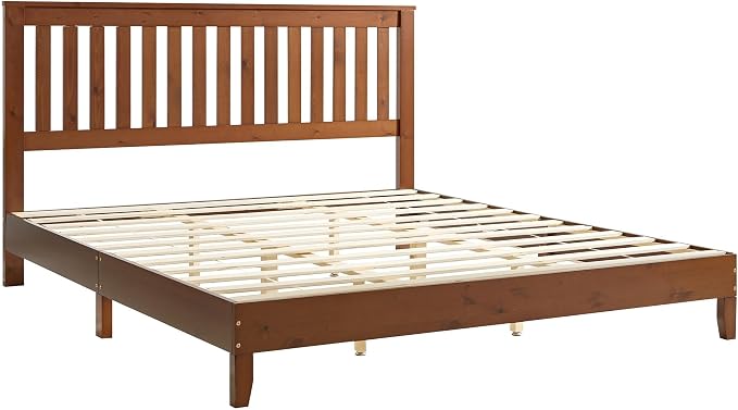 AMERLIFE King Bed Frame, Solid Wood Platform Bed with Vertical Slats Headboard, Wooden Bedframe King-Size, Sturdy Wooden Slats Support, No Box Spring Needed, Noise Free, Walnut
