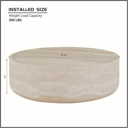 Faux Marble Coffee Table, Modern Round Coffee Table for Living Room, Circle Drum Coffee Side Tables, Fiberglass Center End Table for Small Place Apartment Office, 31.49" Marble