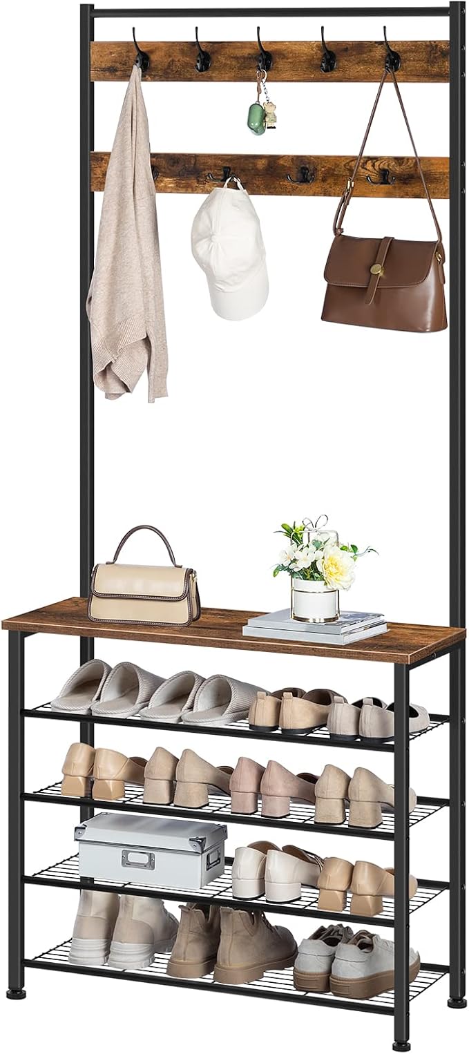 HOOBRO Hall Tree, Coat Rack with Shoe Rack, Hall Tree with Bench, 5 Tier Shoe Storage Organizer with 9 Hooks for Entryway, Closet, Sturdy, Industrial, Rustic Brown and Black BF80MT01G2