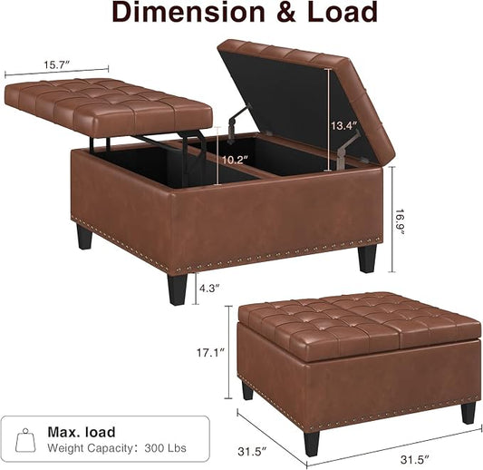 FiveWillowise Square Leather Ottoman with Storage, Faux Leather Coffee Table with Lift Top,Large Upholstered Footrest Stool Toy Box Storage Bench for Bedroom Living Room, Brown