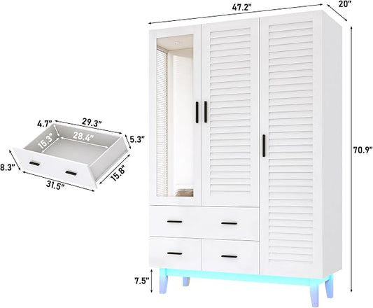 Hlivelood 3 Door Armoire Wardrobe Closet Cabinet with Drawers and LED Lights, Multi-Tier Shelves, Hanging Rod & 3 Louver Doors, Large Capacity Storage Wardrobe Armoire for Bedroom, White