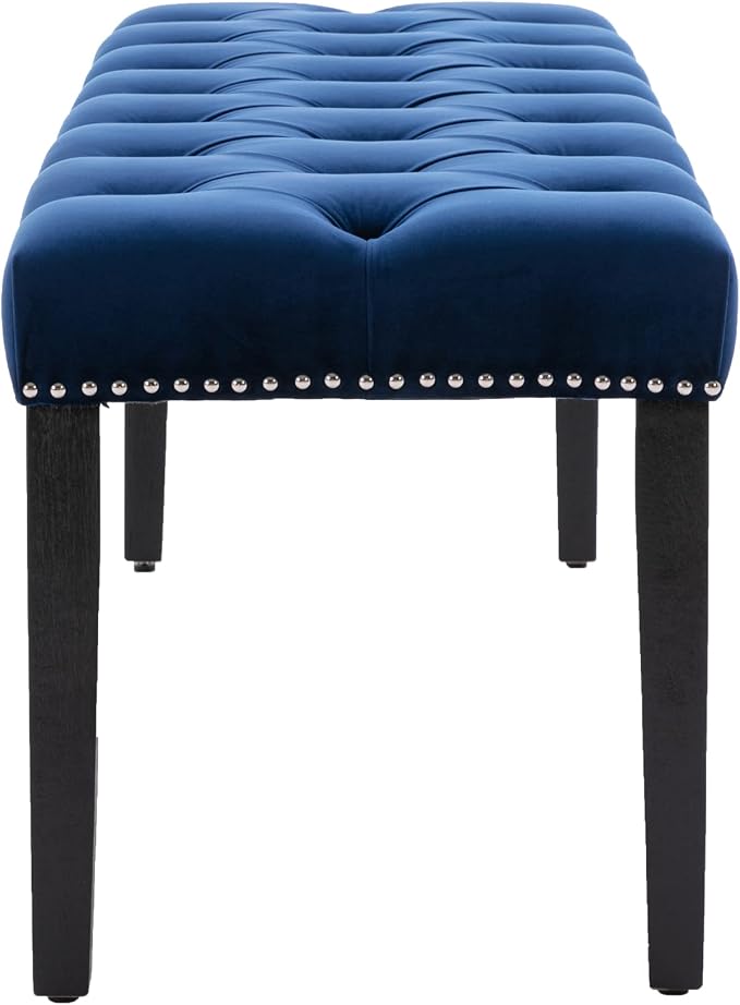 KCC Button-Tufted Ottoman Bench, Upholstered Bedroom Benches Velvet Footrest Stool Accent Bench for Entryway Dining Room Living Room Bedroom End of Bed, Blue