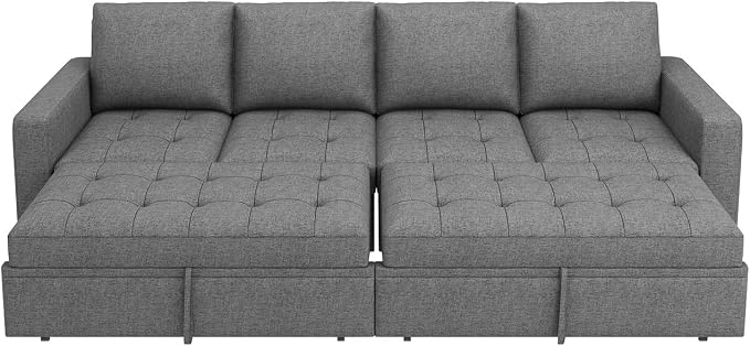 HONBAY Modular Sectional Sleeper Sofa with Pull Out Bed, Linen Convertible Sectional Couches for Living Room,Grey