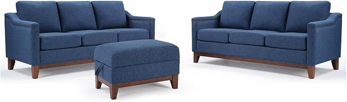 HAOMARKETS 4 Piece Fabric Sofa Set with Nailhead Trim, Included 3-Seater Couches Set of 2 with Thicked Cushion and 2 Upholstered Storage Ottoman with Flip-Top Table, Living Room Furniture Set,Blue