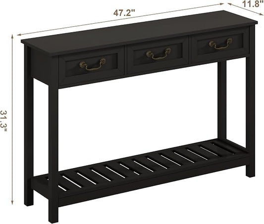 ChooChoo Console Table with 3 Drawers, Rustic Entryway Table, Narrow Long Sofa Table for Living Room, Hallway, Behind Couch, Black