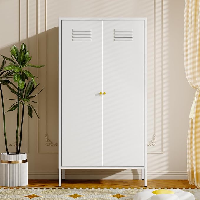 2 Door Metal Cabinet with Hanging Rod and 2 Freely Adjustable Shelves,Storage Locker Cabinet Closet for Home,Office,Garage (Storage Cabinet, White)